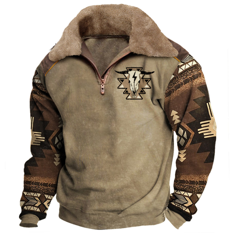 

Sudadera Con Cuello De Piel Y Media Cremallera Con Estampado Vintage West Cowboy Para Hombre