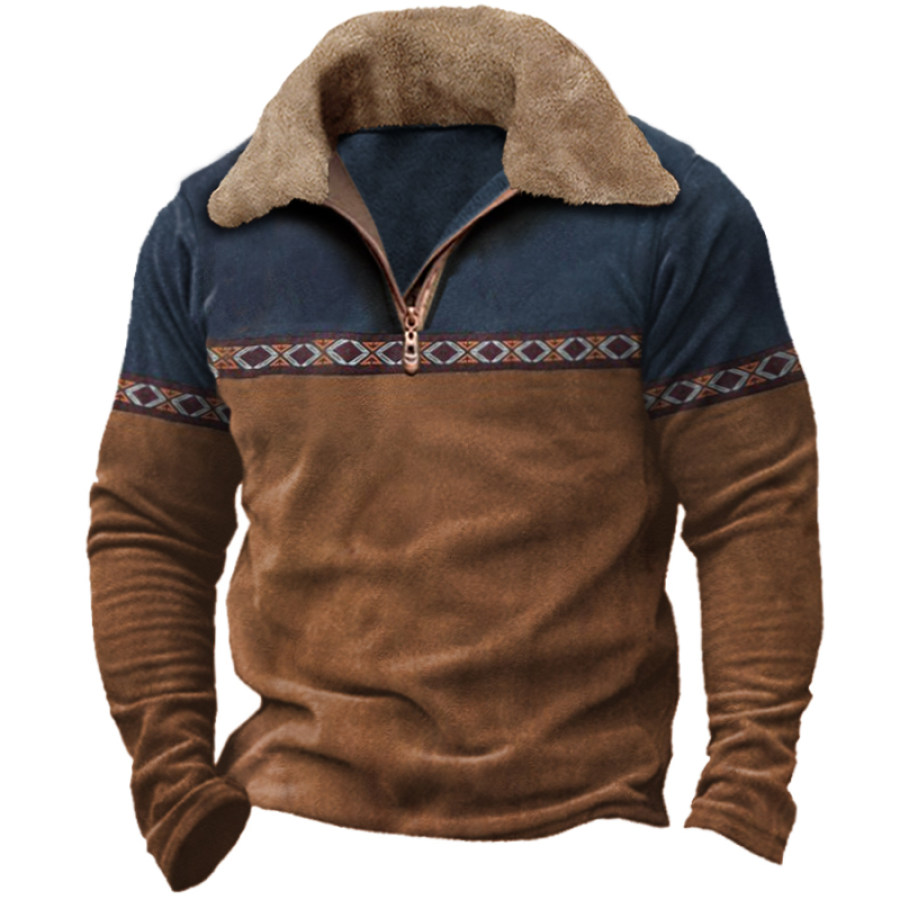 

Vintage Aztec Winter-Sweatshirt Mit Halbem Reißverschluss Und Pelzkragen Für Herren