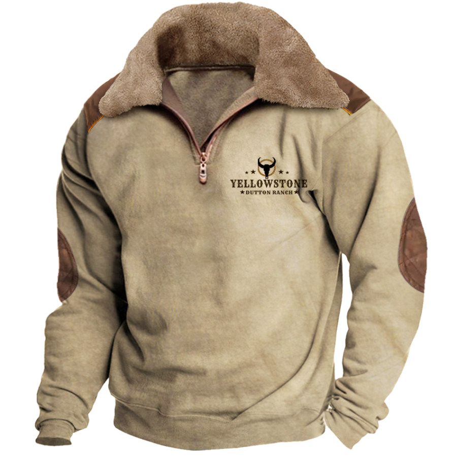 

Herren Vintage Western Yellowstone Winter Fleece-Sweatshirt Mit Halbem Reißverschluss Und Pelzkragen