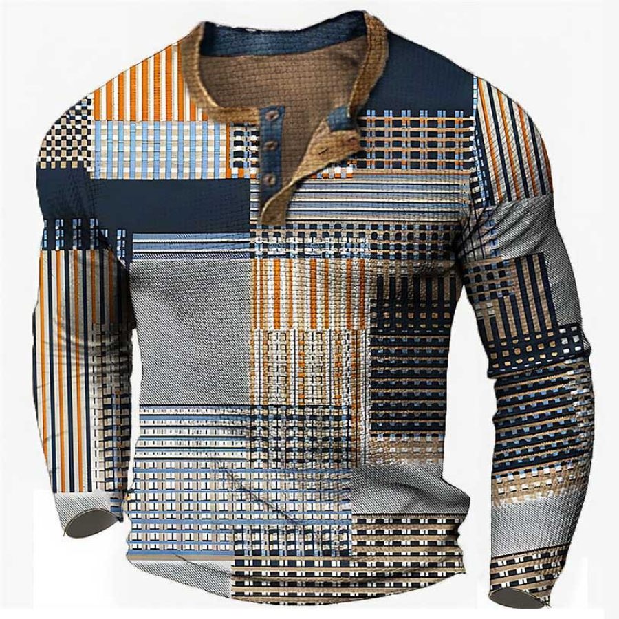 

T-shirt Henley Pour Hommes Vintage Impression 3D Bloc De Couleurs Festival Vacances En Plein Air Hauts à Manches Longues