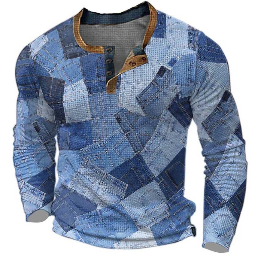 

T-shirt Henley Pour Hommes Vintage Impression 3D Bloc De Couleurs Festival Vacances En Plein Air Hauts à Manches Longues