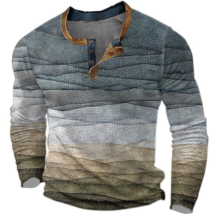 

T-shirt Henley Pour Hommes Vintage Impression 3D Bloc De Couleurs Festival Vacances En Plein Air Hauts à Manches Longues