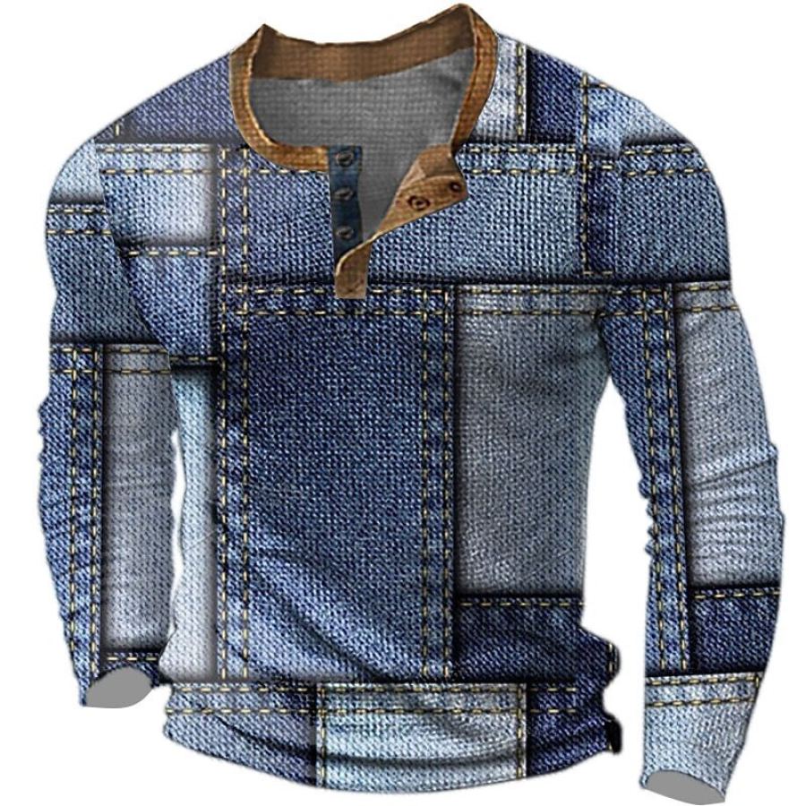 

T-shirt Henley Pour Hommes Vintage Impression 3D Bloc De Couleurs Festival Vacances En Plein Air Hauts à Manches Longues