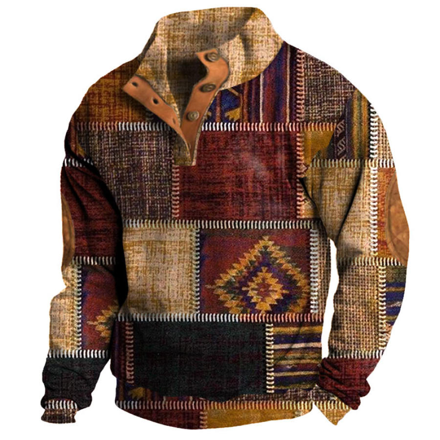 

Sweat-shirt à Col Semi-ouvert Pour Hommes Imprimé Patchwork à Carreaux Rétro Décontracté