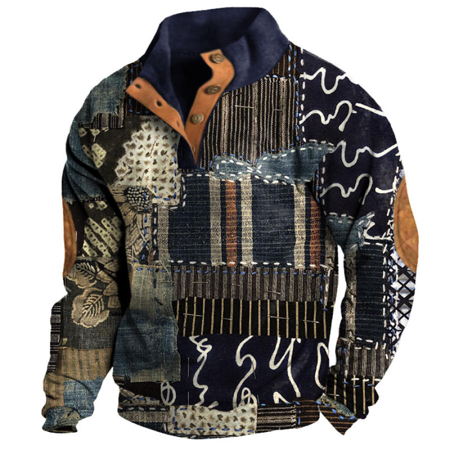 

Sweat-shirt à Col Semi-ouvert Pour Hommes Imprimé Patchwork à Carreaux Rétro Décontracté