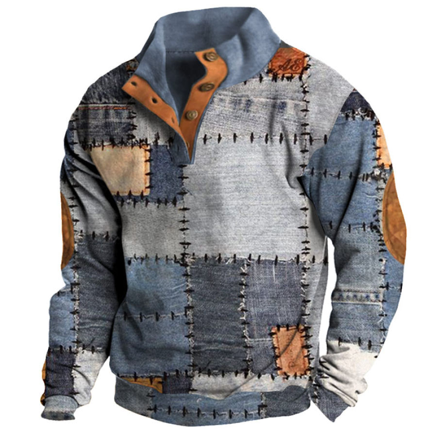 

Sweat-shirt à Col Semi-ouvert Pour Hommes Imprimé Patchwork à Carreaux Rétro Décontracté