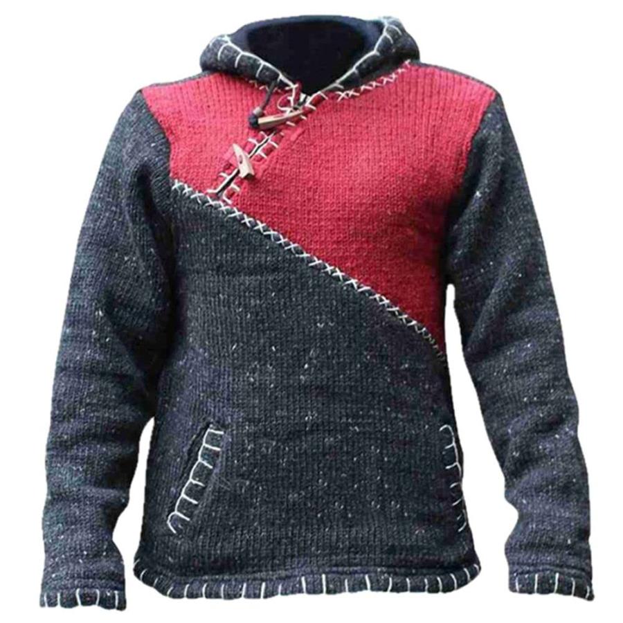 

Men's Fashion Contrast Stitching Color Blocking Knitting Sweater Long-sleeved Hooded Sweater Coat