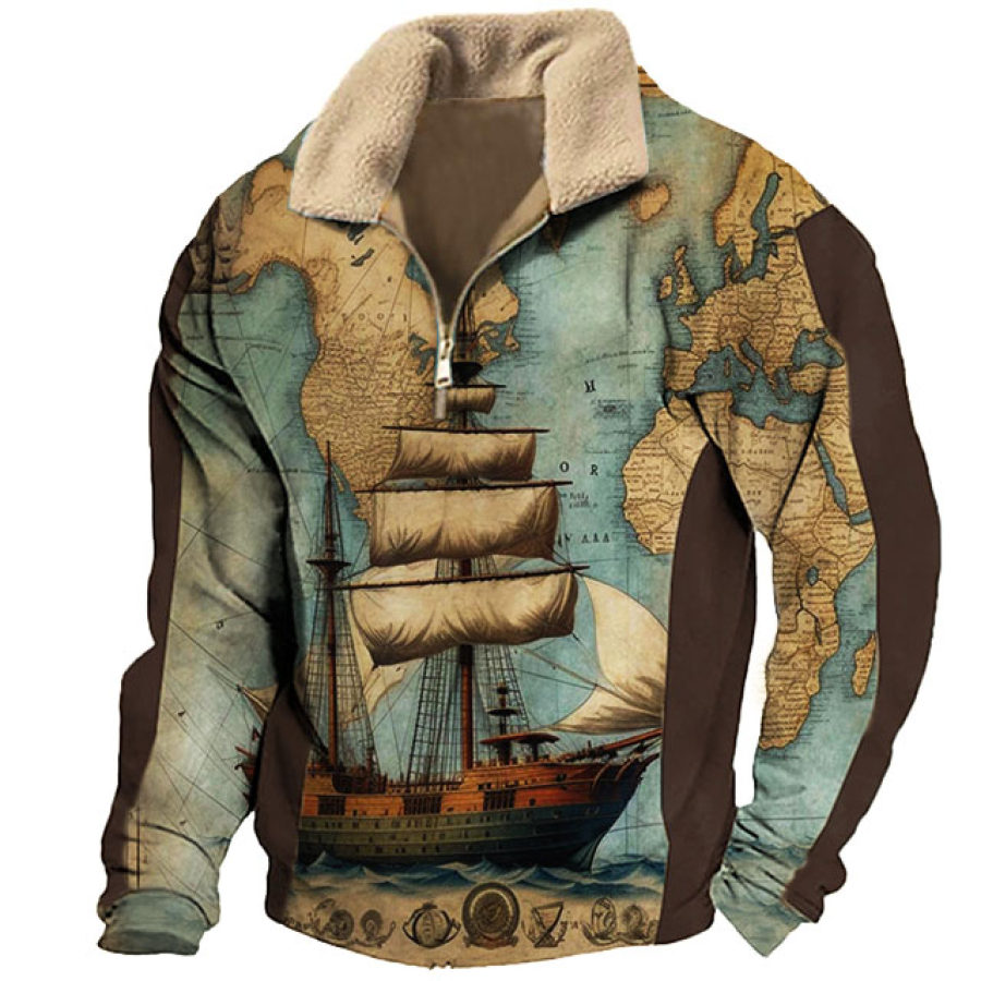 

Men's Sweatshirt Vintage Nautical Map Sailing Plush Collar Quarter Zip Daily Tops