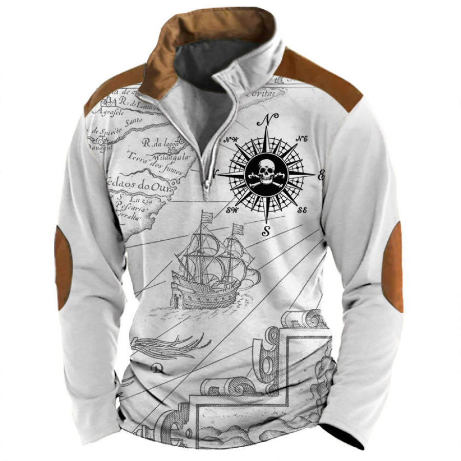 

Men's Sweatshirt Quarter Zip Nautical Map Compass Skull Vintage Daily Tops