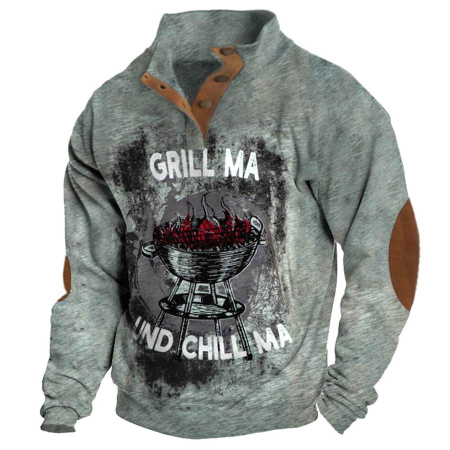 

Sudadera De Hombre Vintage Grill Chill Cuello Alto Botones Bloque De Color Tops Diarios