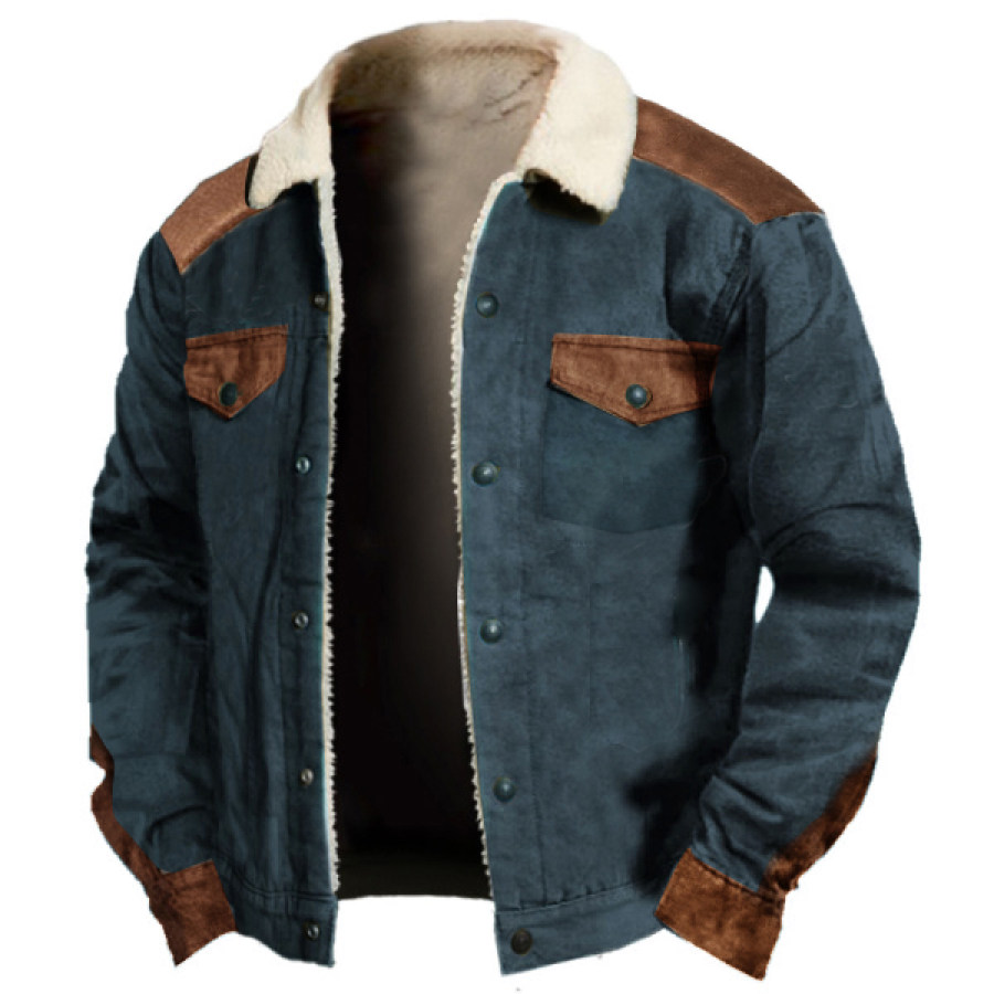 

Мужская винтажная замшевая куртка-рубашка с нашивками уличная повседневная толстая куртка с бархатной подкладкой Тедди