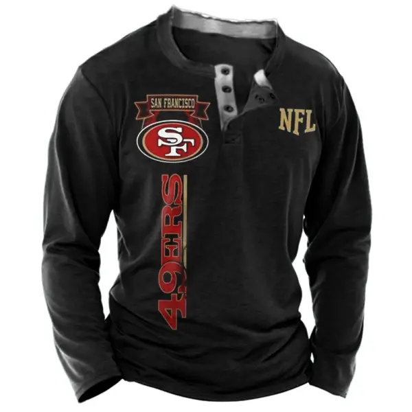 Men's San Francisco 49ers Printed Super Bowl Casual Athletic Long Sleeve Henley T-shirt