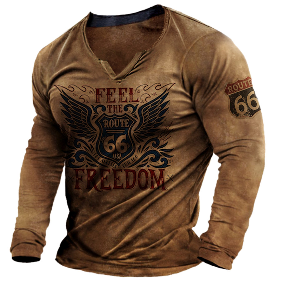 

Herren Retro Route 66 Motorrad Aufdruck V-Ausschnitt T-Shirt Outdoor Langarm T-Shirt