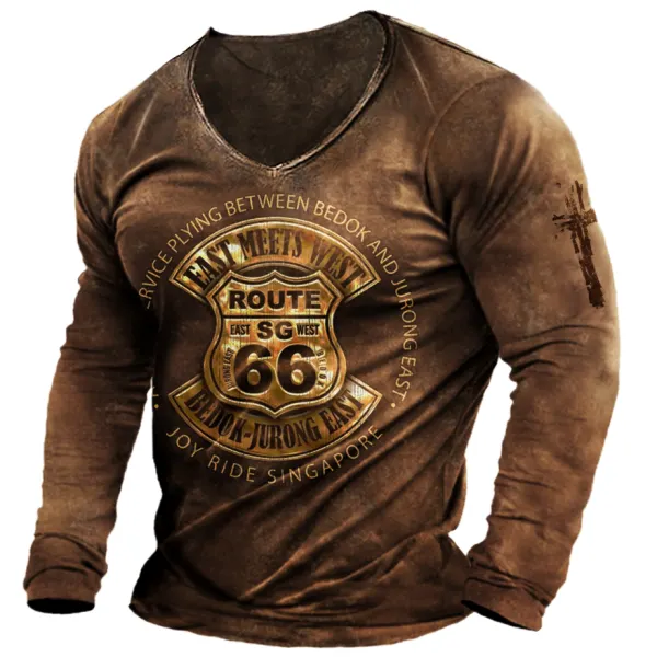 Men's Route 66 Printed V-neck T-shirt Outdoor Retro Printed Long-sleeved T-shirt - Cotosen.com