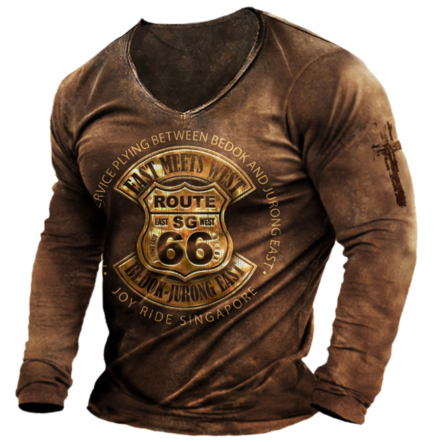 

Herren Route 66 Bedrucktes T-Shirt Mit V-Ausschnitt Outdoor-Retro-bedrucktes Langarm-T-Shirt