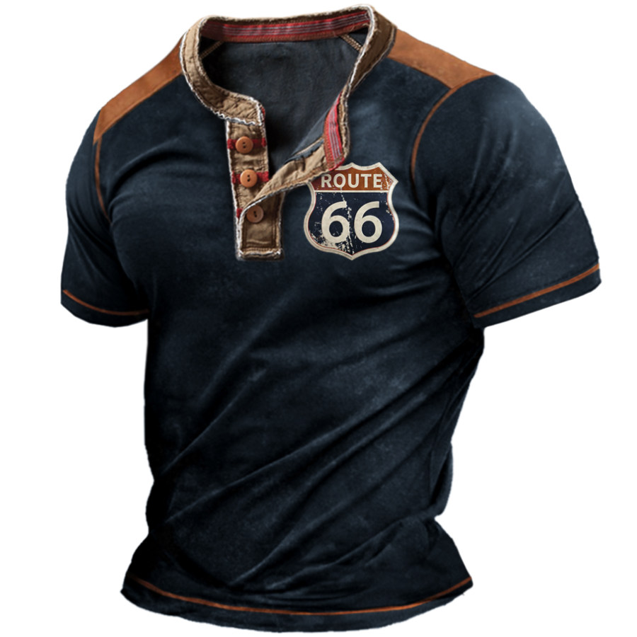 

Camiseta Vintage De Manga Corta Con Cuello Henley Estampada Route 66 Para Hombre