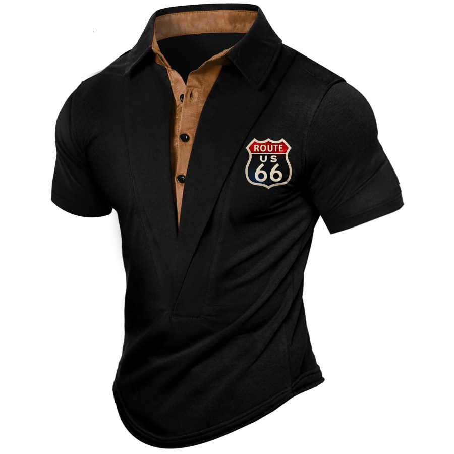 

Винтажная мужская рубашка с принтом Route 66 контрастная футболка с короткими рукавами и лацканами