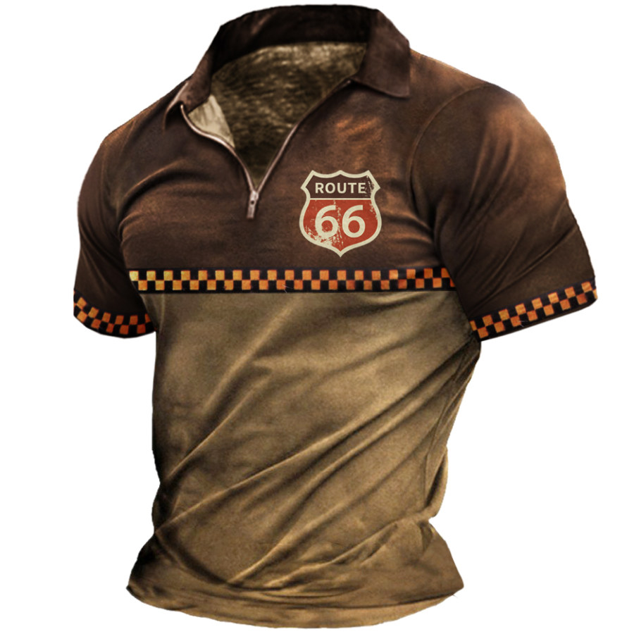 

Винтажная мужская футболка Route 66 с контрастным принтом и молнией с лацканами и короткими рукавами