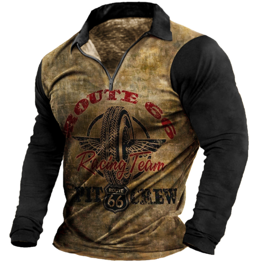 

Herren Route 66 Motorrad Print Reißverschluss Revers T-Shirt Outdoor Retro Print Langarm T-Shirt