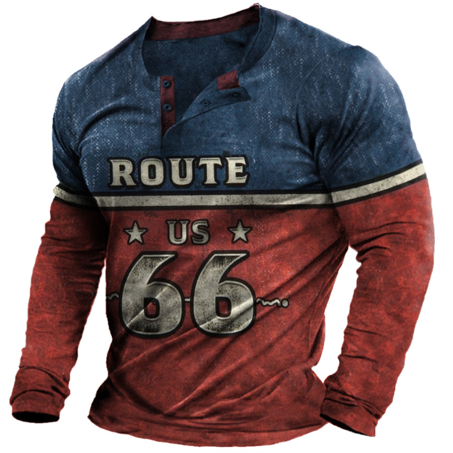 

Herren Retro Route 66 Bedrucktes T-Shirt Mit V-Ausschnitt Outdoor-Motorrad-Kontrast-bedrucktes Langarm-T-Shirt