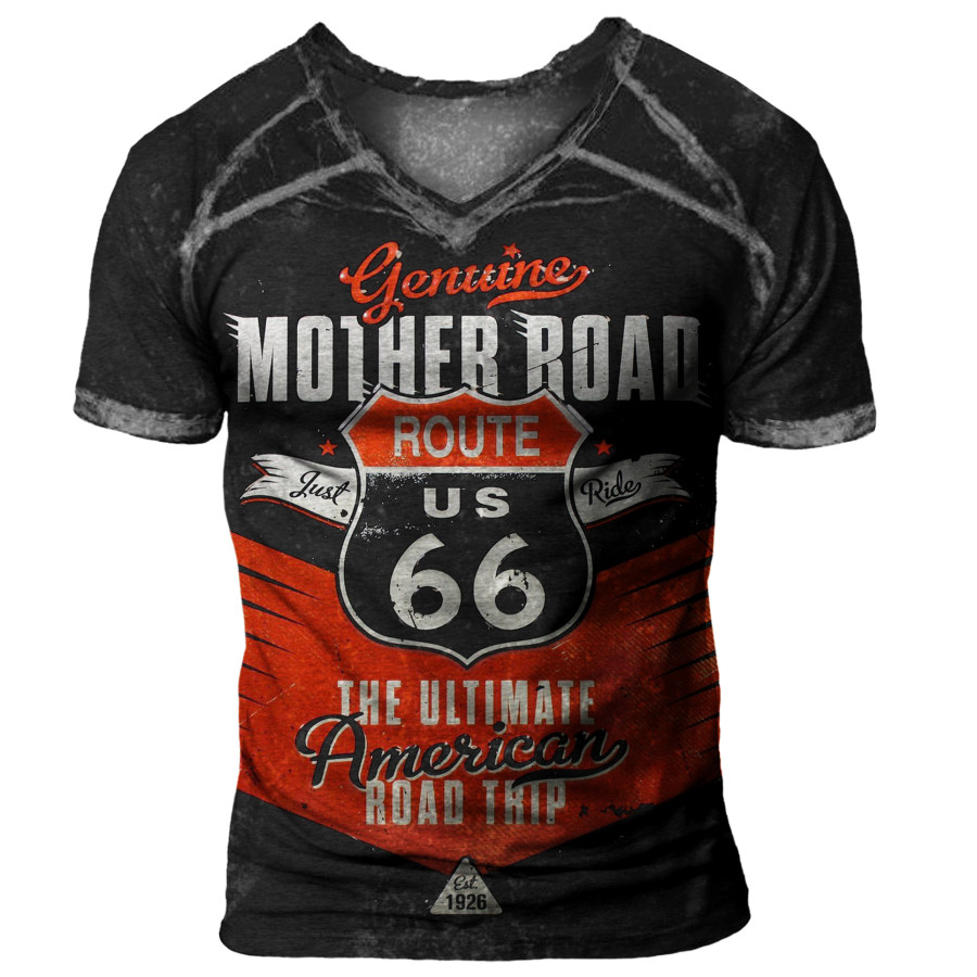 

Camiseta Vintage De Manga Corta Con Cuello En V Y Estampado De Motocicleta Route 66 Para Hombre