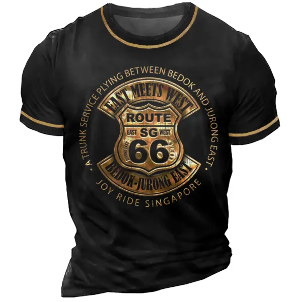 Men's Vintage Route 66 Motorcycle Print T-Shirt - Cotosen.com