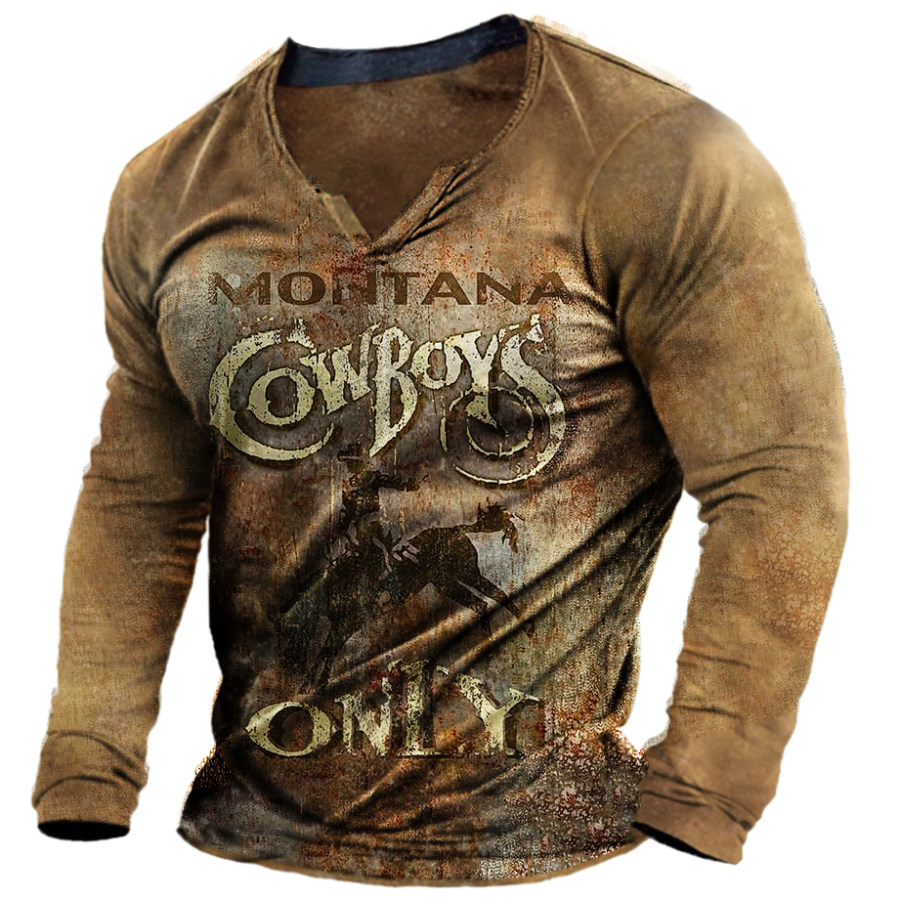 

T-shirt à Col En V Cowboys Pour Hommes T-shirt à Manches Longues Imprimé Rétro Yellowstone En Plein Air