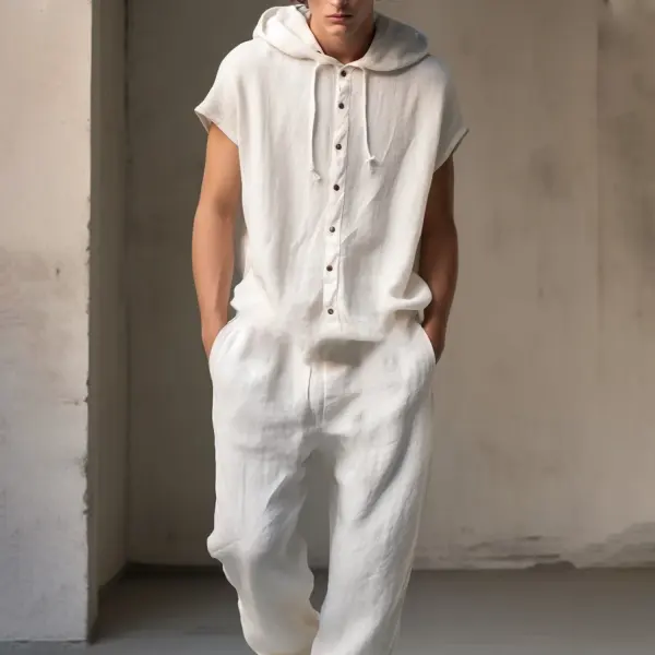 Men's Linen Short Sleeve Jumpsuit - Yiyistories.com 