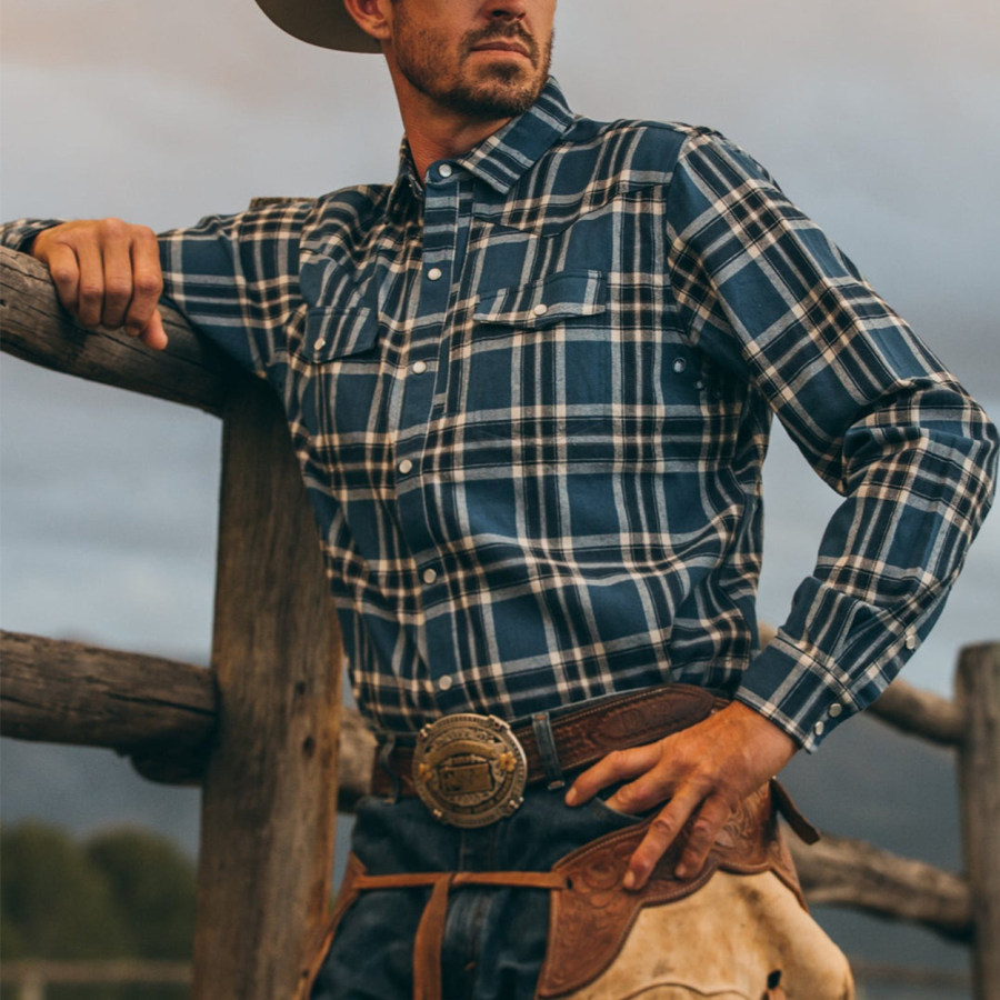 

Men's Western Ranch Check Print Wedding Button-Down Shirt