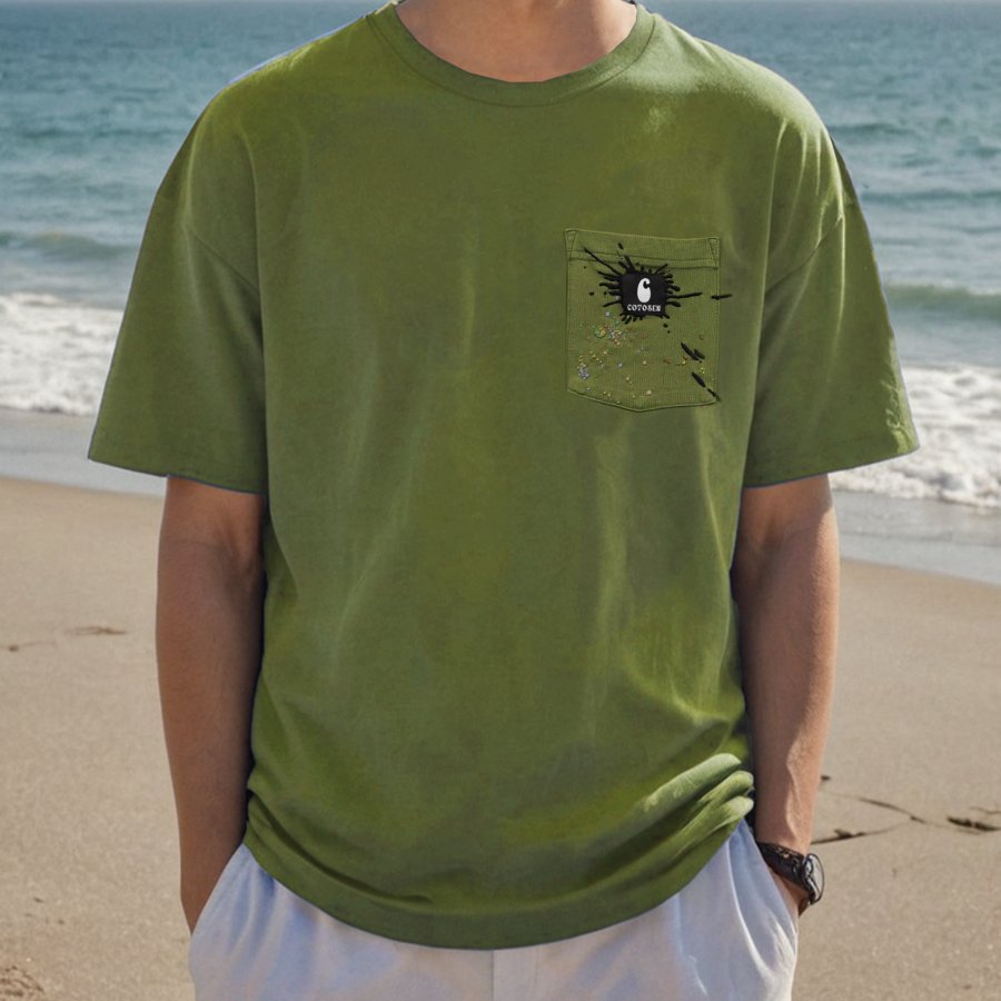 

Мужская футболка с круглым вырезом и карманом с принтом для серфинга и пляжа