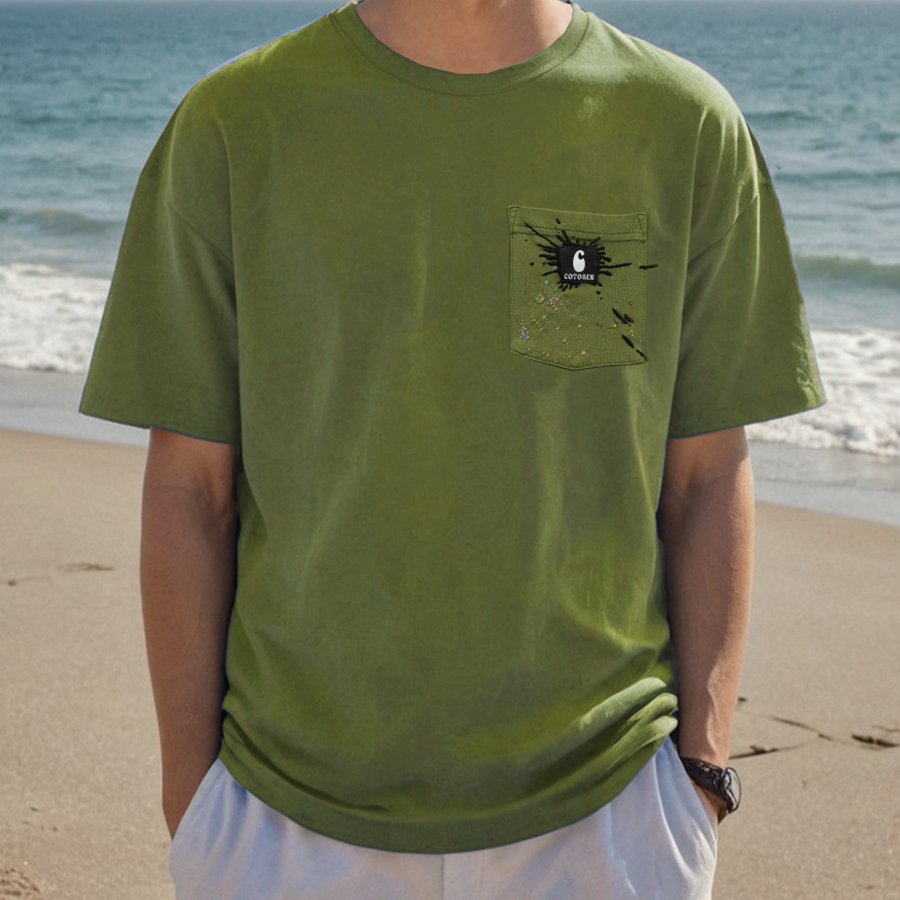 

Men's Print Surf Beach Print Pocket Patchwork Crew Neck Oversized T-Shirt