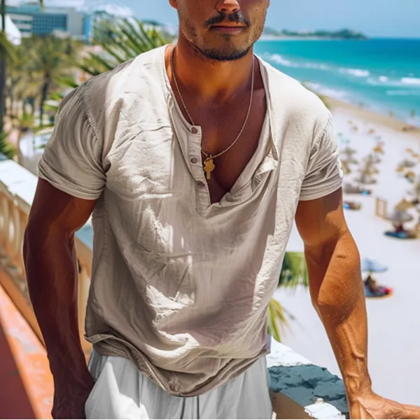 Men's Holiday Linen V-Neck Minimalist Plain Short Sleeve Shirt - Menilyshop.com 