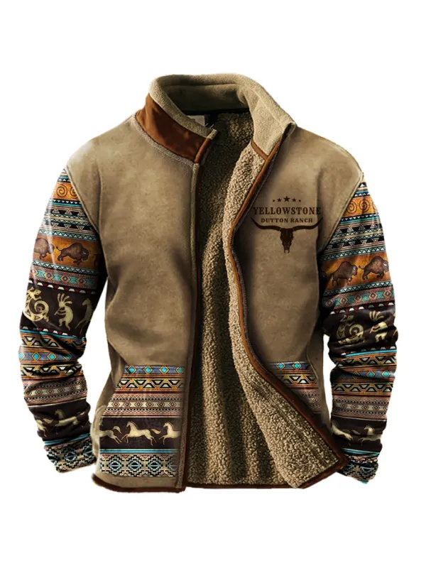 Men's Vintage West Yellowstone Colorblock Sherpa Wool Zipper Stand Collar Jacket - Timetomy.com 