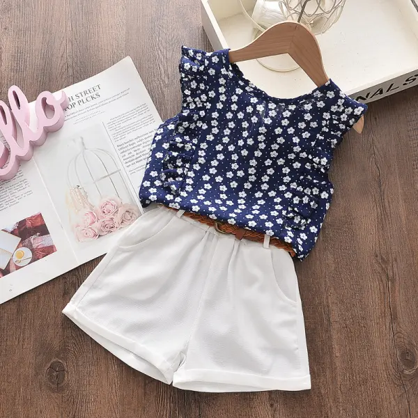 【2Y-9Y】Girl Sweet Blue Flower Pattern Ruffled Vest And White Shorts Set - Popopiearab.com 