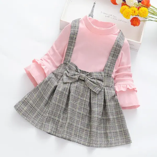 【18M-7Y】Girls Band Collar Long Sleeved Knitted T-shirt and Plaid Suspender Skirt Set - Popopiearab.com 