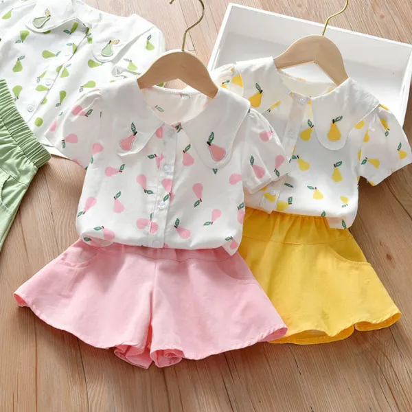 【18M-7Y】Sweet Pear Print Shirt and Pure Color Shorts Set - Popopiearab.com 