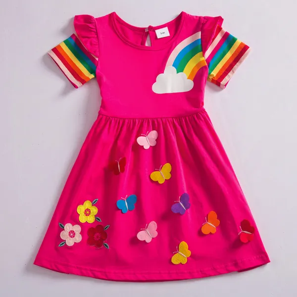【18M-7Y】Cute Rainbow And Butterfly Round Neck Short Sleeve Dress - Popopiearab.com 