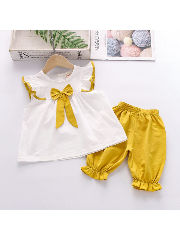 【12M-4Y】Girls Casual Cute Bow Sleeveless Top Shorts Set