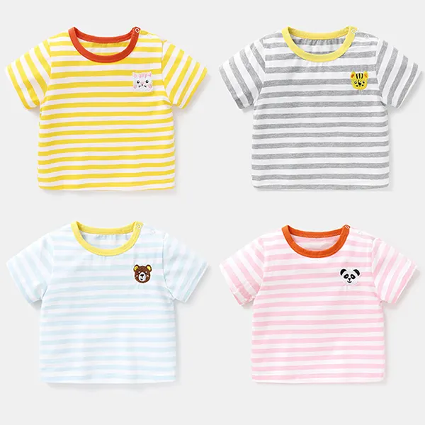 【6M-4Y】Boys Round Neck Short Sleeve Striped Cartoon Print T-Shirt - Popopiestyle.com 