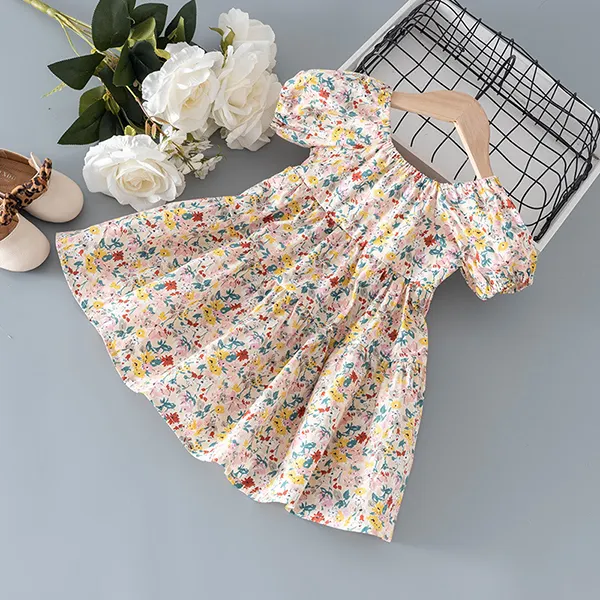 【18M-9Y】Girls Round Neck Puff Sleeve Floral Dress - Popopiestyle.com 