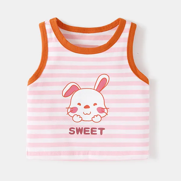 【6M-4Y】Girls Crew Neck Sleeveless Striped Cartoon Print Tank Top T-shirt - Popopiestyle.com 