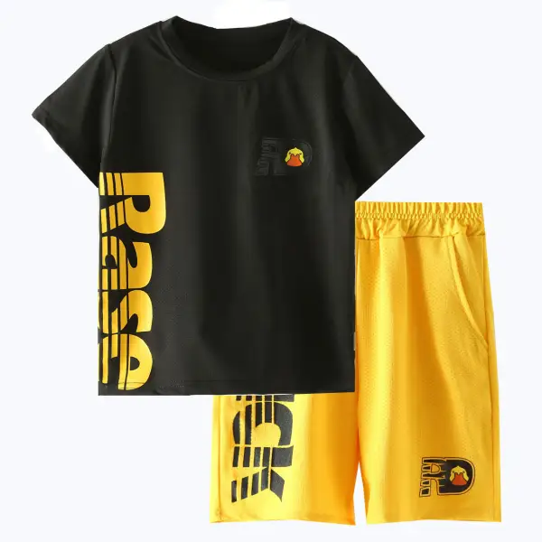 【3Y-11Y】Boy's Letter Print Short Sleeve Shorts Sports Two-Piece Set - Popopiestyle.com 