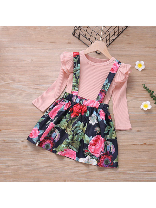 【18M-7Y】Girls Long Sleeve Top and Floral Suspender Skirt Suit