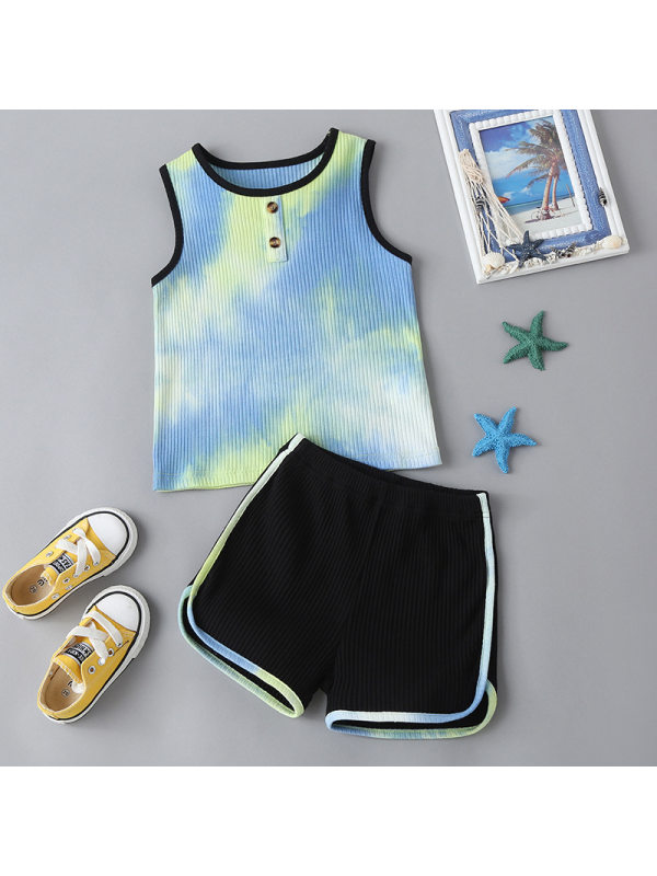 【18M-7Y】Boys Tie-dye Color Stiching Tank Top and Shorts Two-piece Suit