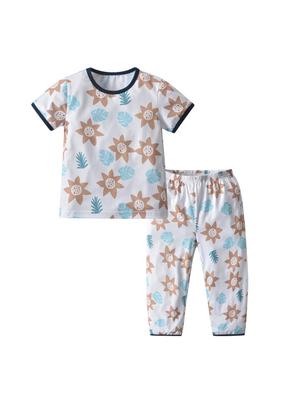 【18M-7Y】Boy's Two-piece Short-sleeved Plant Print Trousers
