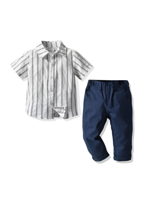 【18M-7Y】Boys Striped Short-sleeved Shirt And Gentleman Trousers Two-piece Suit