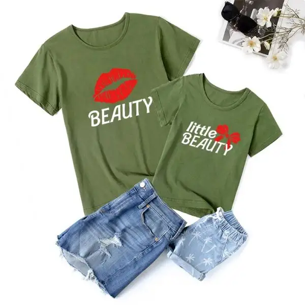 Casual Print Round Neck Short Sleeve Mom Girl Matching T-shirt - Popopiestyle.com 