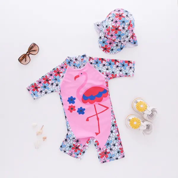 Girls Flamingo Print One-piece Long-sleeved Beach Suit Sunscreen Swimsuit With Hat - Popopiestyle.com 