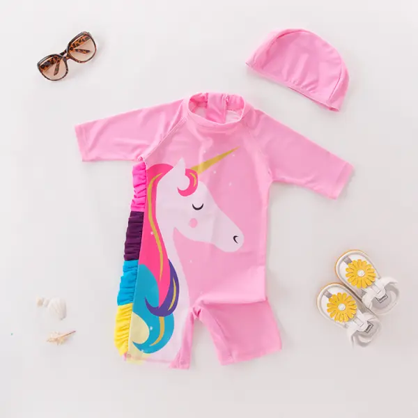 Girls Unicorn Cartoon Print One-piece Swimsuit - Popopiestyle.com 