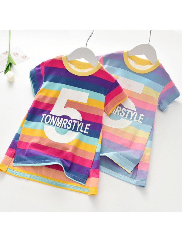 【18M-7Y】Girls Round Neck Short Sleeve Printed Striped Color Dress